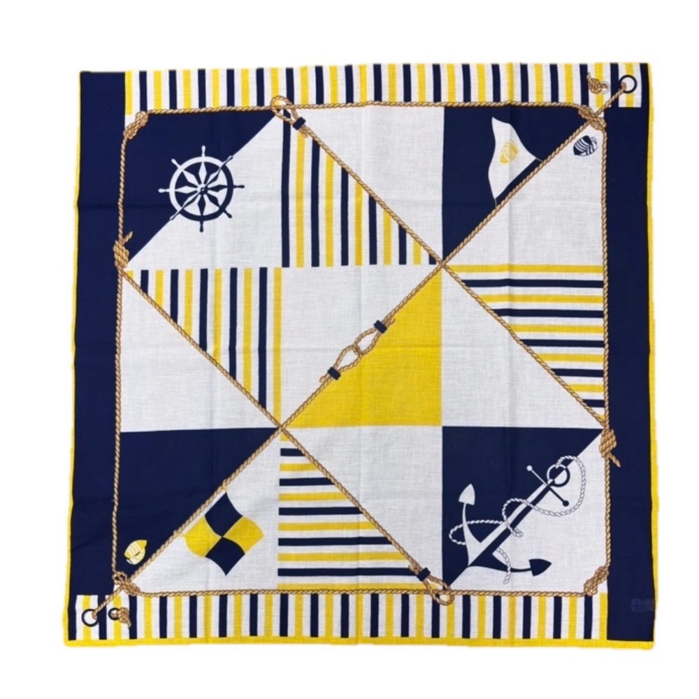 Vintage Italian Yellow & Navy Cotton Nautical Theme Scarf By Betmar 30.5”x30.5”